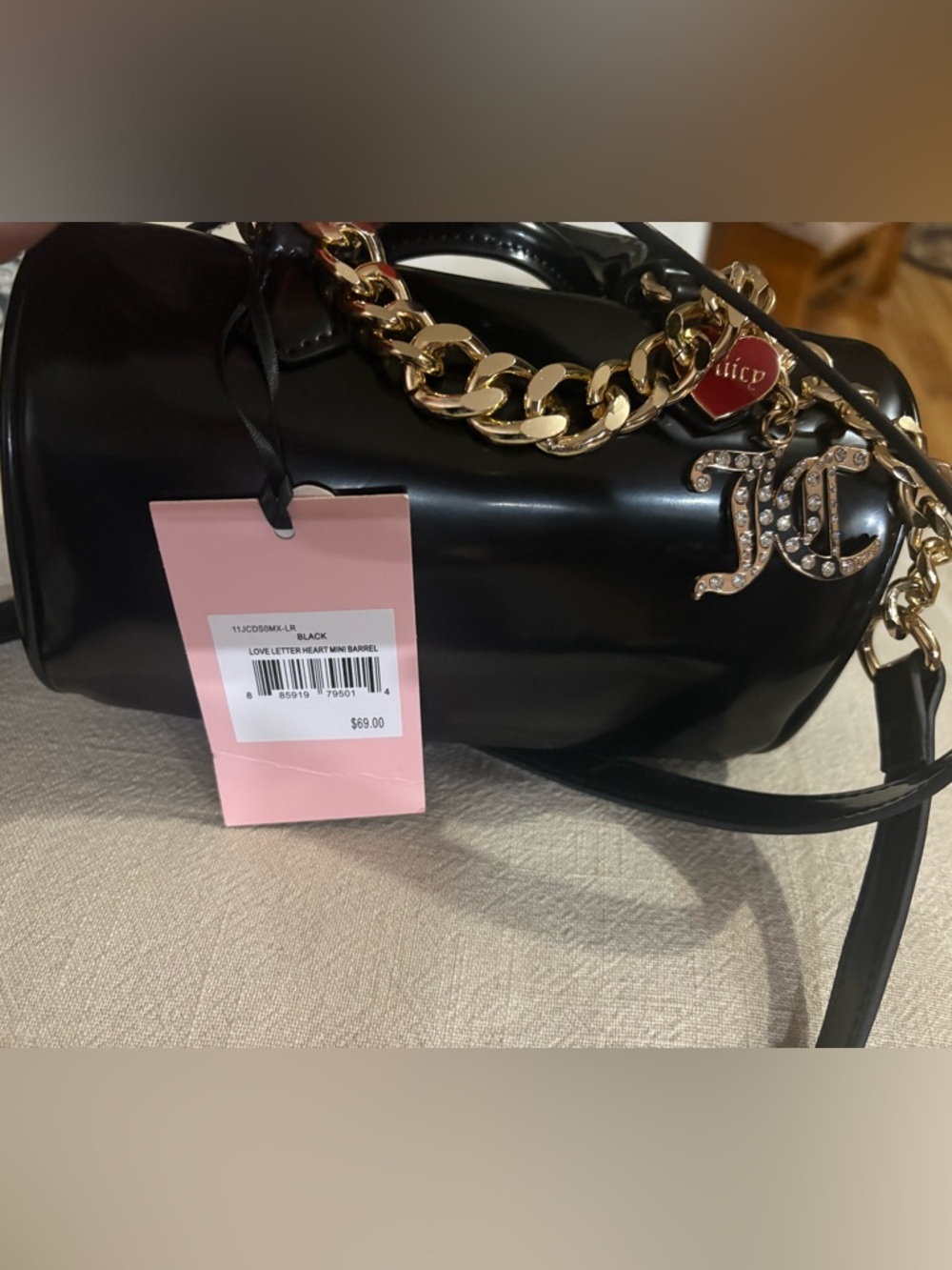 Juicy Couture Black Mini Barrel Bag with Gold Chain and Heart Charm
